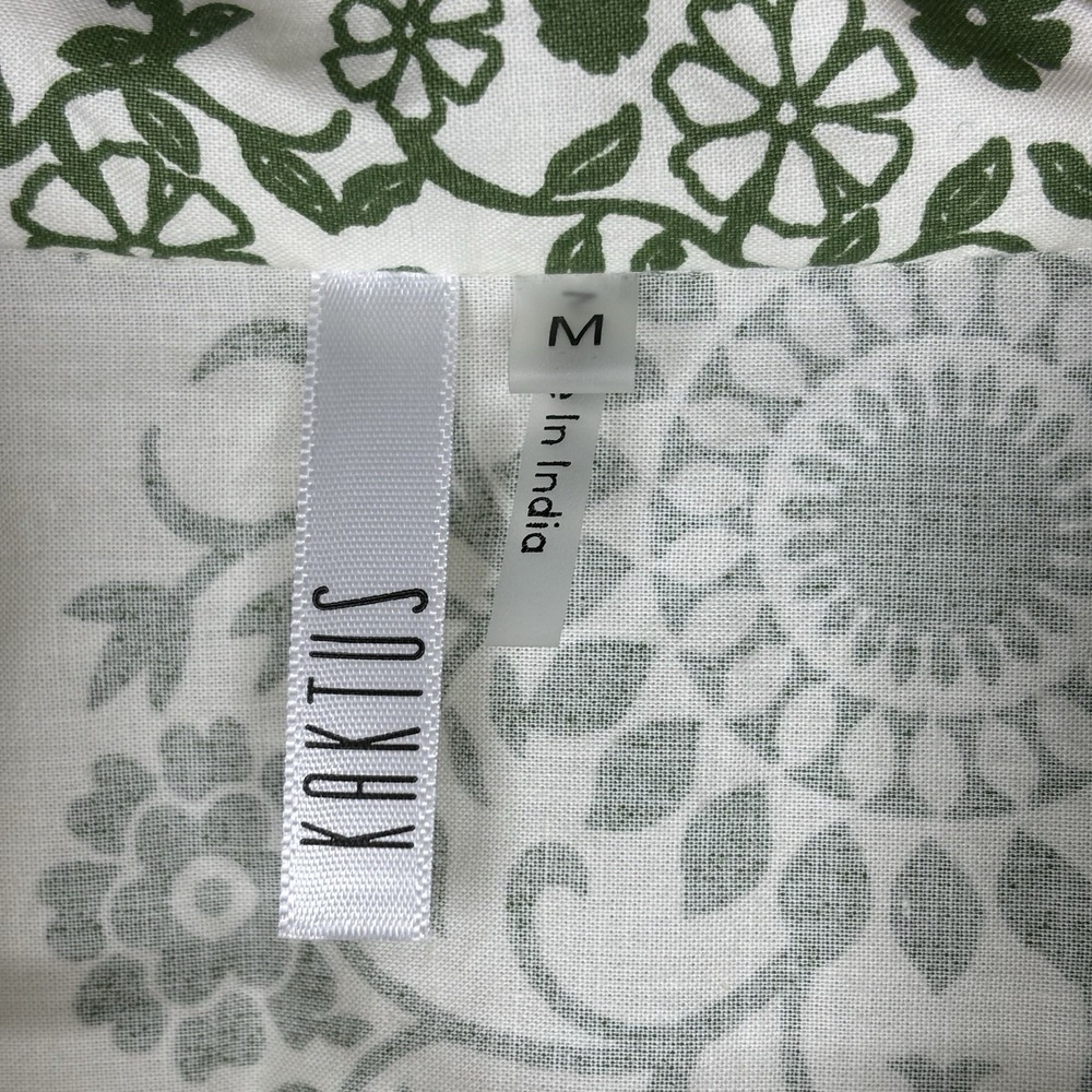 Kaktus Shirt Dress Medium Ivory Green Floral Cotton Belted Button Midi Boho Cap - Picture 4 of 11